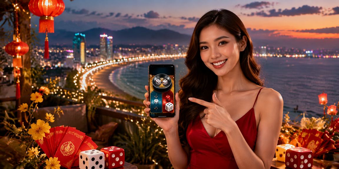 Không gian Đà Nẵng với đèn lồng và giao diện số may rủi trên mobile